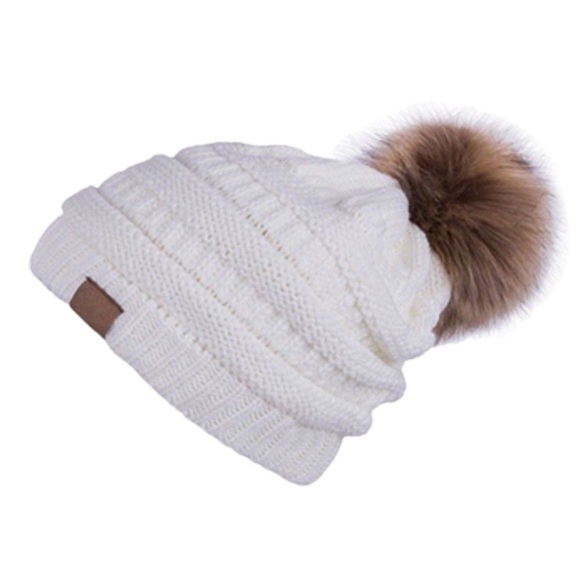 Off-White Cable Knit Beanie w/ Fleece & Pom Pom - Picture 2 of 7